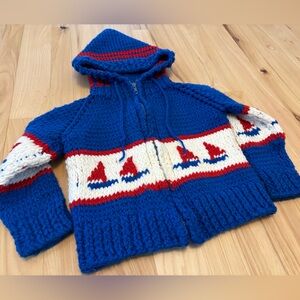 Vintage 60s Cowichan Hand-knit Kids Sweater Hooded Nautical Zipper Sailboat Prep